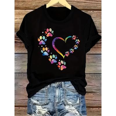 Europäische Größe Damen Freizeit-T-Shirt Schwarz mit buntem Katzenpfoten- & Herz-Print, Kurzarm Rundhals Oberteil, Leicht für Frühling & Sommer