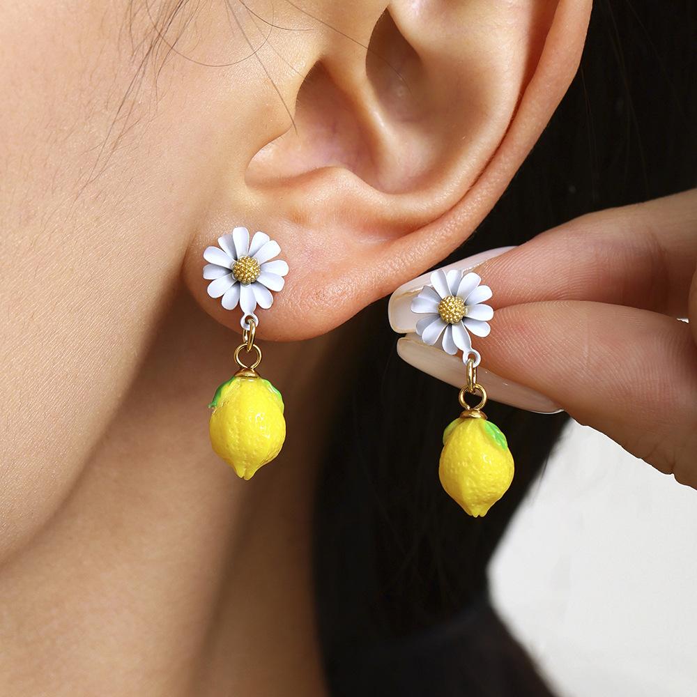 Lemon Pendant, Zircon Earrings, European and American Fashion Versatile Personality Temperament Cute Flower Stud Earrings