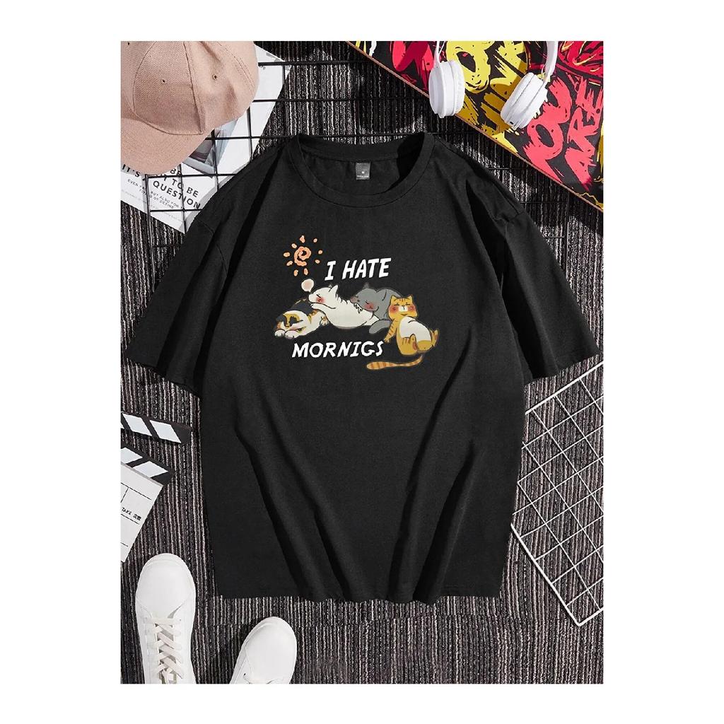 I Hate Mornings Cute Cats Printed Oversize T-shirt