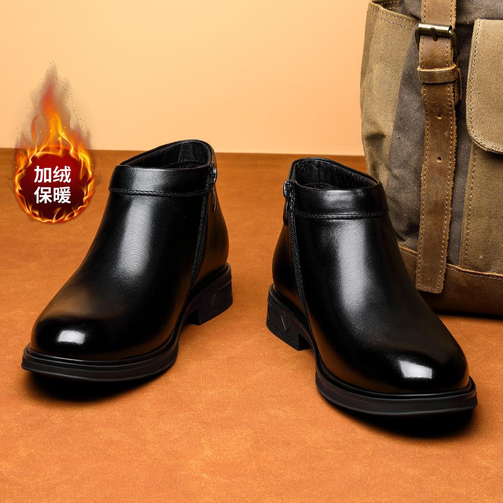 2025 Fleece Men's Chelsea Boots Autumn and Winter Leather Men's Boots Top Cowhide Trend Versatile Snow Boots Men's