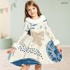 Girls Furry Collar Long Sleeve Beige Black Printed A Line Flared Dress With Bow