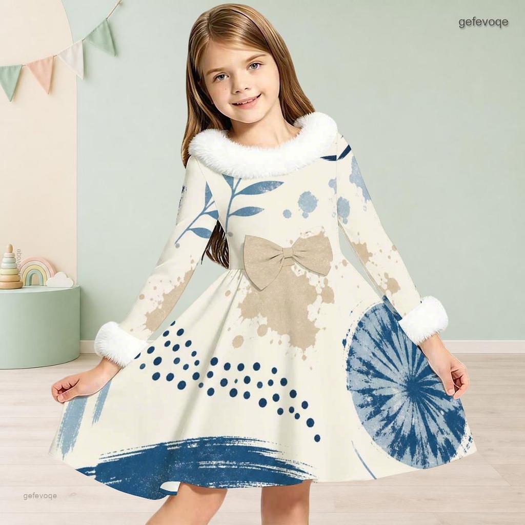 Girls Furry Collar Long Sleeve Beige Black Printed A Line Flared Dress With Bow