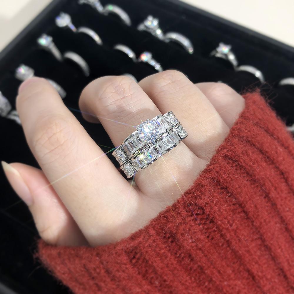 INS Shiny Silver Color Luxurious Six Claw Setting Cubic Zirconia Wedding Ring Sets For Women Engagement Fashion Jewelry Gift 5