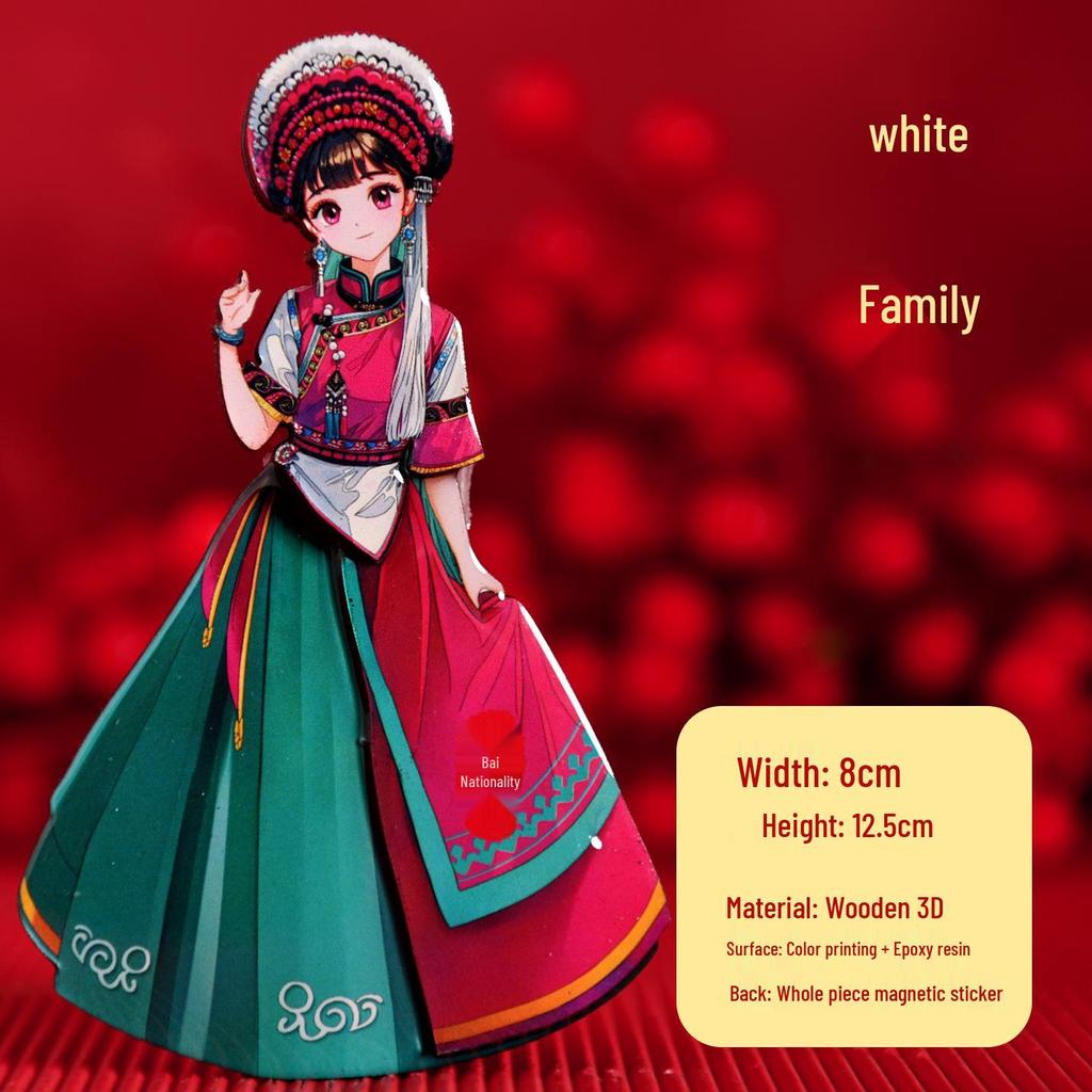 Chinese Ethnic Figures Wooden Magnets - Cultural Souvenir Stickers