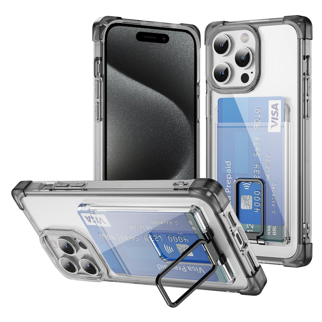 For iPhone 15 Pro Max Case Reinforced Corners TPU + Acrylic Phone Cover with Kickstand Card Holder