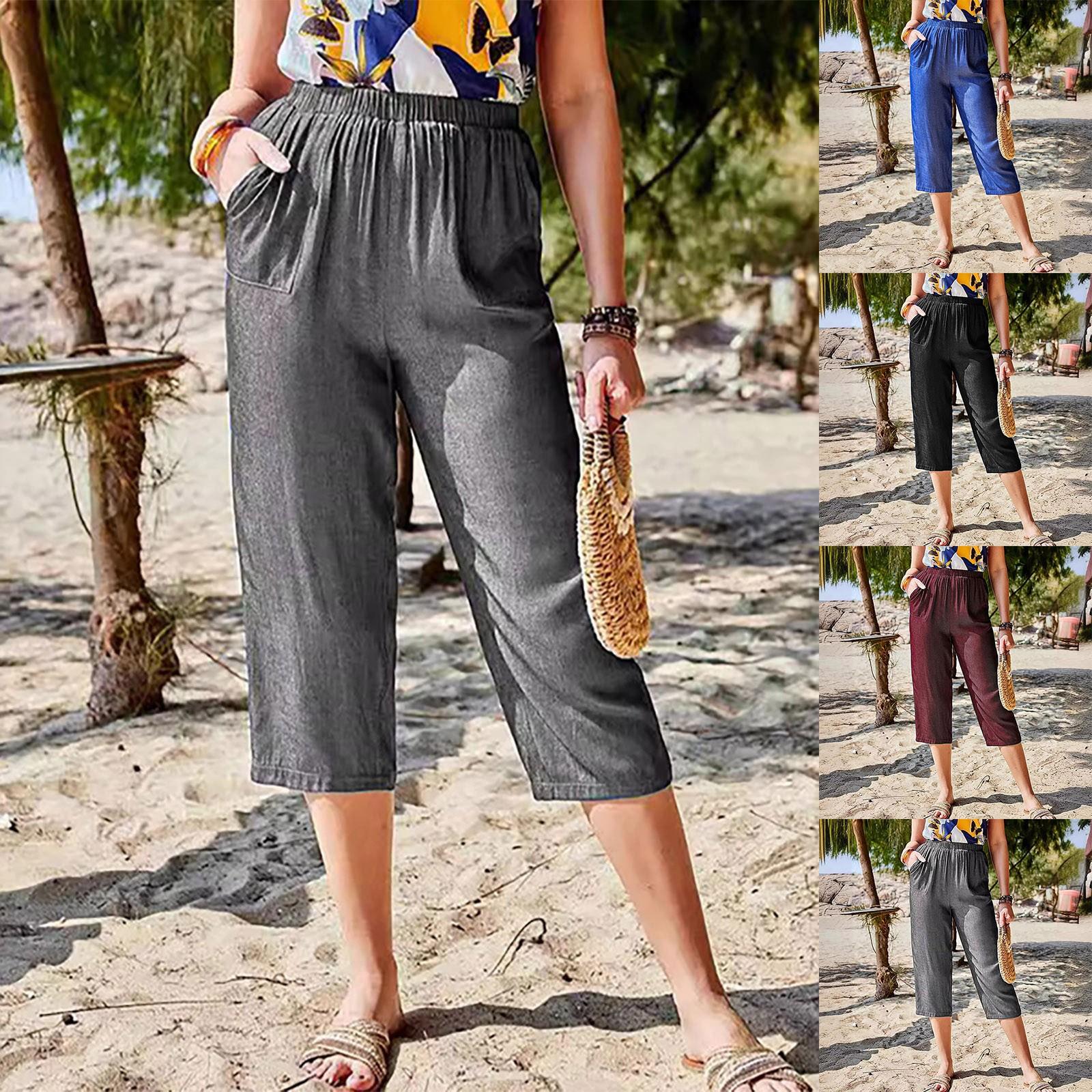 

Women s Solid Color Fashionable Casual Loose Pants Capris Straight Leg Pants With Pockets XL винний