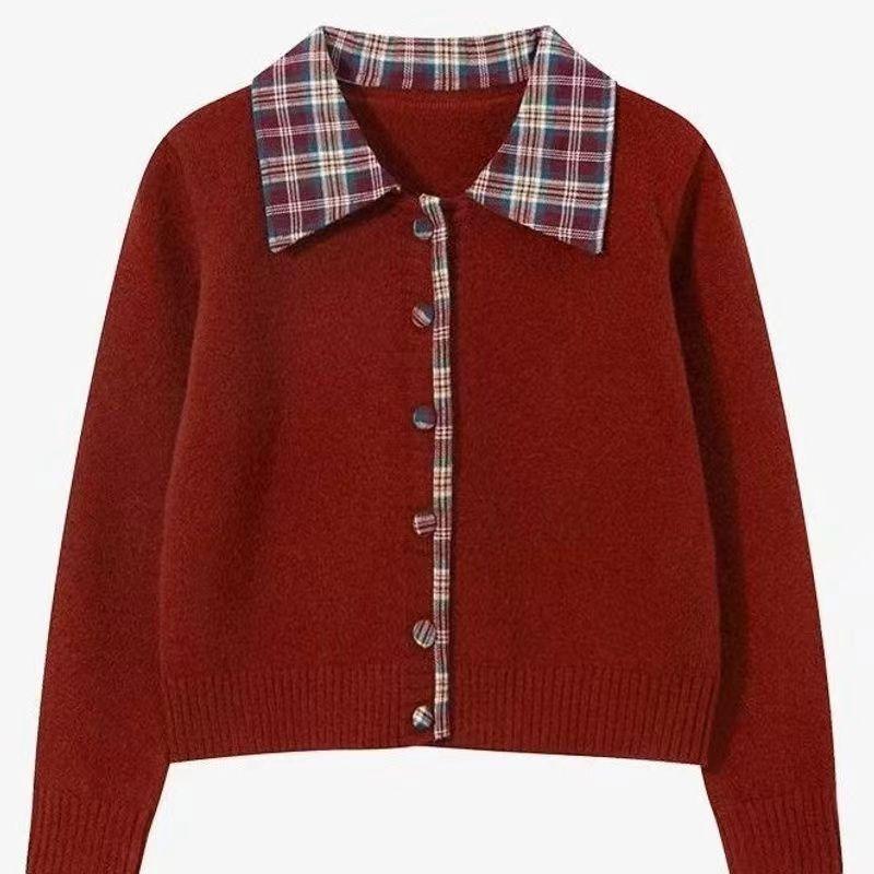 Fake Two-piece Plaid Splicing Neck Sweater Jacket Spring and Autumn New Gray College Loose Knitted Cardigan