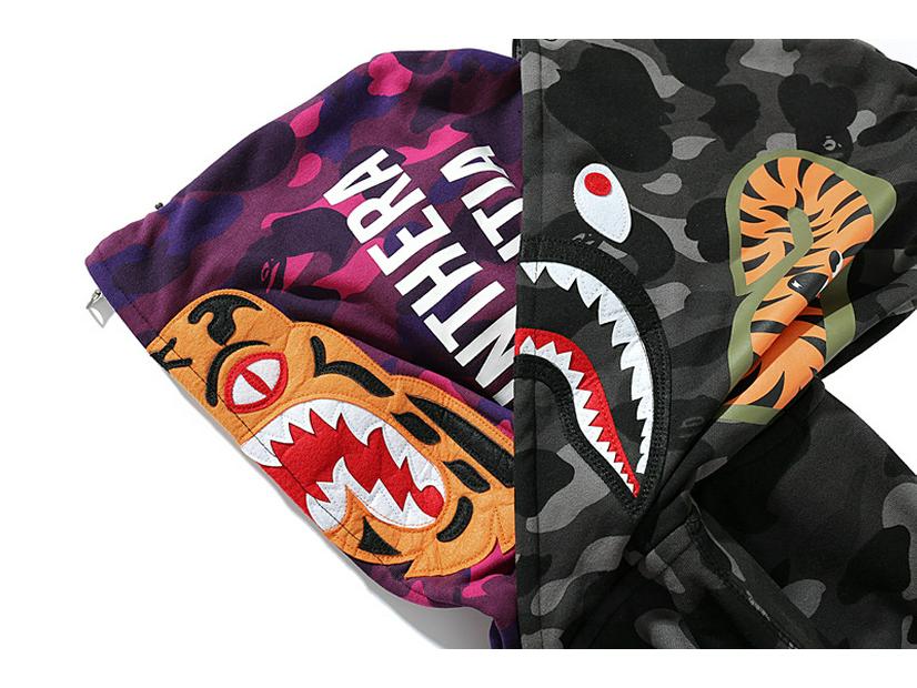 Camouflage Shark Tiger Head Double Hoodie Men's Winter Plush Zipper Jacket