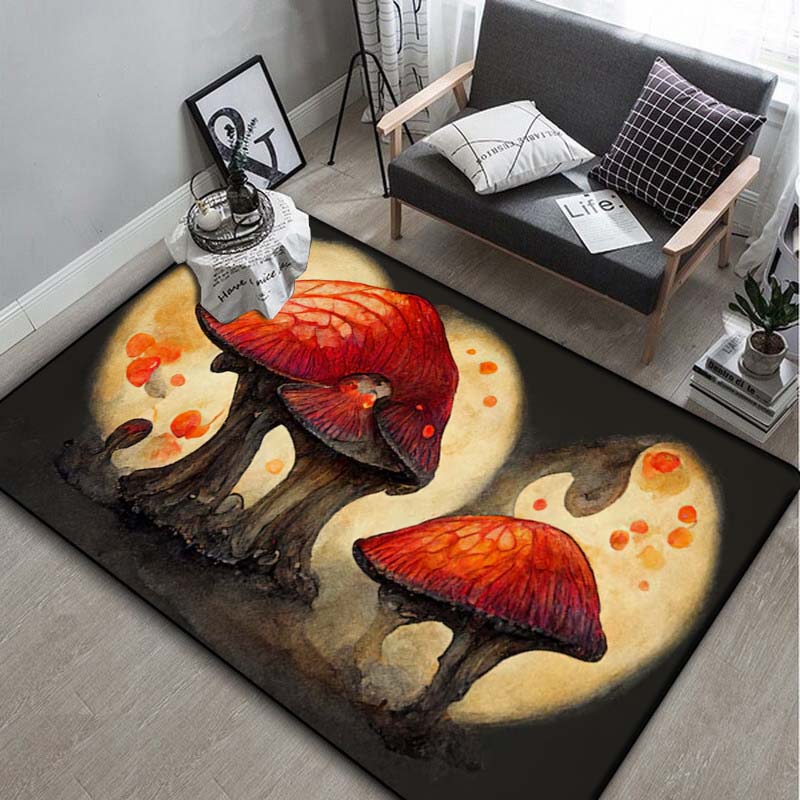 Glowing Neon Mushroom Area Rug, Dark Background Magical Mushroom Floor Mat for Bedroom Living Room Home Decor