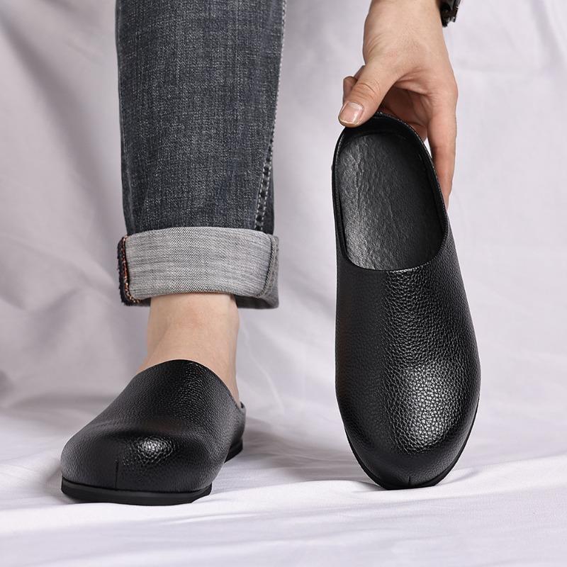 Fashion Genuine Leather Men Shoes Fashion Baotou Half Slippers Classic Mule Shoes Non-slip Chef Shoes for Men Comfortable Loafers Slides
