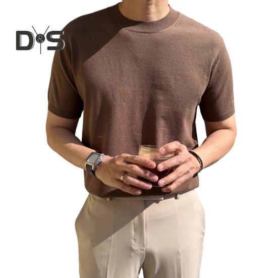 Summer Men T-Shirt Crew Neck Solid Color Short Sleeves Knitted Shirt Breathable Slim Fit Lightweight Basic Tee Casual Business Top