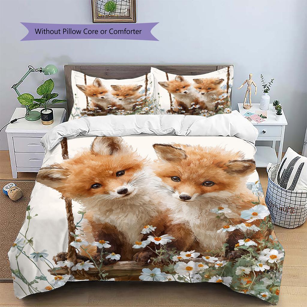 Biancheria da letto con motivo volpi e fiori Decorazione per la casa Regalo di compleanno (1 * copripiumino + 2 * federa, senza nucleo)