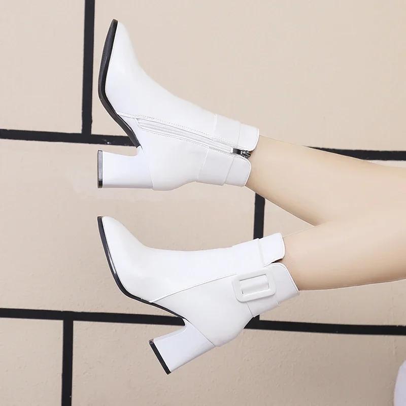 White Black Thick High Heel Ankle Boots Women  Pointed Toe Keep Warm Elegant Short Booties Ladies Ankle Buckle Decoration