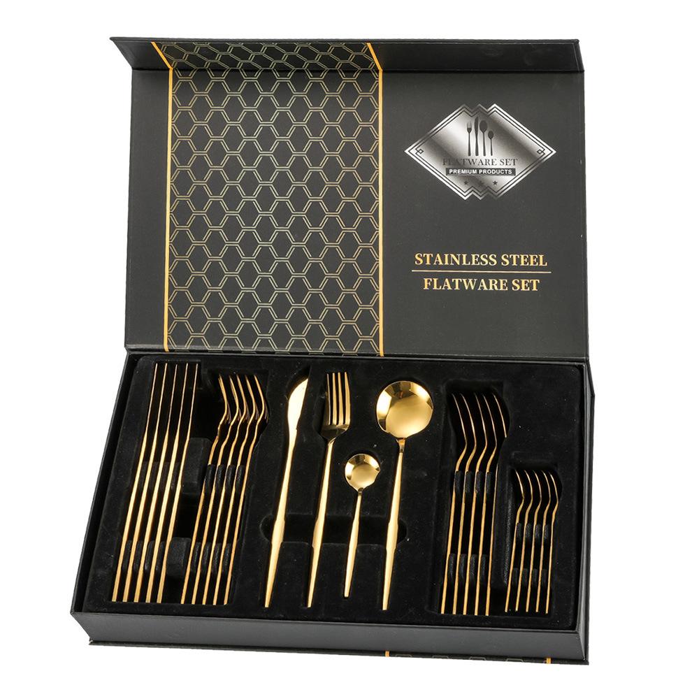 24pcs Gold Dinnerware Set Stainless Steel Tableware Set Knife Fork Spoon Luxury Cutlery Set Kitchen Flatware Dishwasher Safe