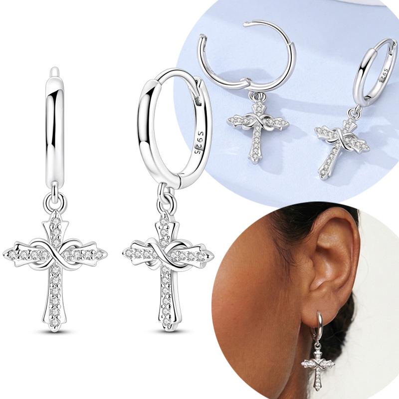 925 Silber Klassischer Zirkon Kreuz Anhänger Creolen für Damen Schmuck Geschenk