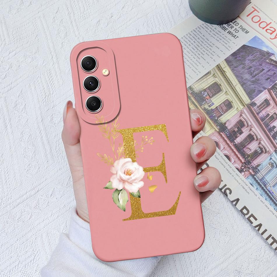 Phone Case For Samsung Galaxy A34 A33 A32 Elegant Rose Letter Soft Liquid Silicone Sqare Back Cover For Samsung A 34 33 32 Shell