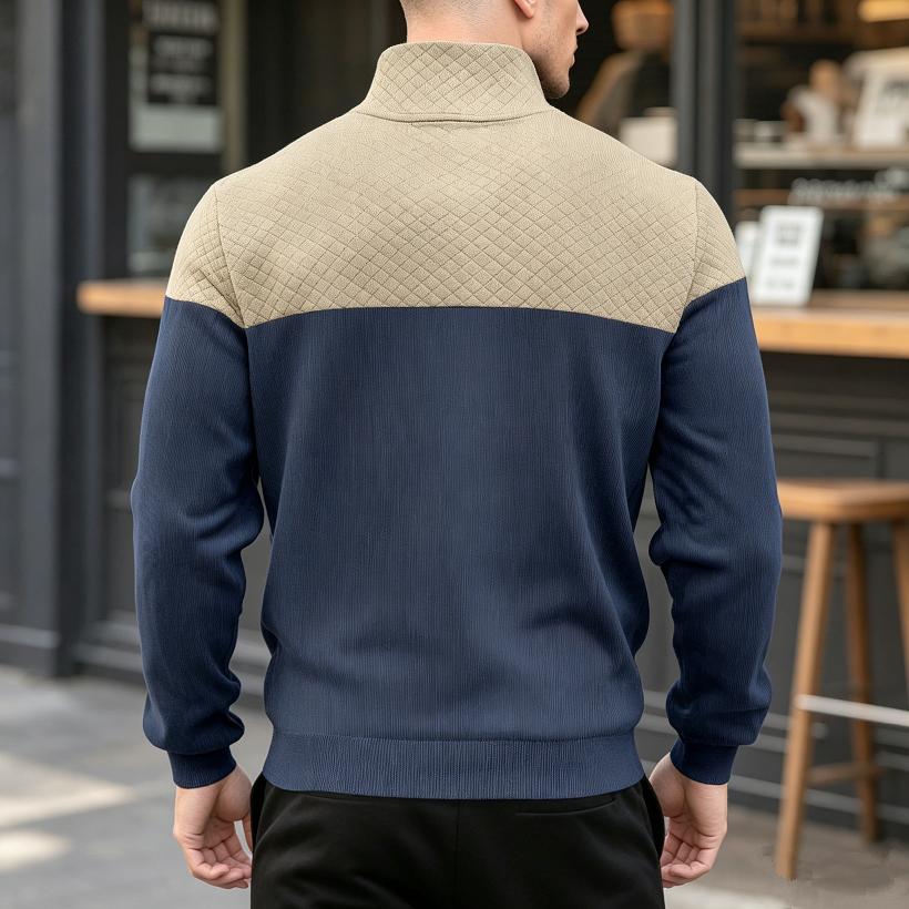 Men Color Block Quarter Zip Sweatshirt Mock Neck Pullover with Kangaroo Pocket Ribbed Cuffs Hem Long Sleeve Spring Fall Casual Streetwear Top