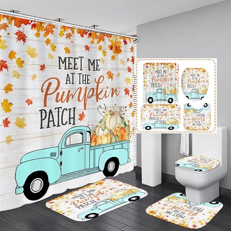 4PCS Christmas Fireplace Shower Curtain Sets, Christmas Tree Stocking Shower Curtain Sets with Rugs, Toilet Lid Cover and Bath Mat for Bathroom Set