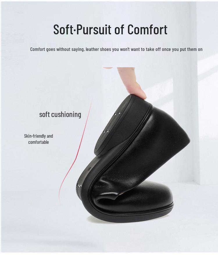Women's Black Leather Non-Slip Flat Work Shoes - Comfortable Round Toe Design for Long Standing Hours, Soft Sole Professional Footwear.