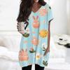 Womens Tops V-neck Short Sleeve Blouses Casual Mid-length Shirts Fashion Print Tunic Tops With Pockets