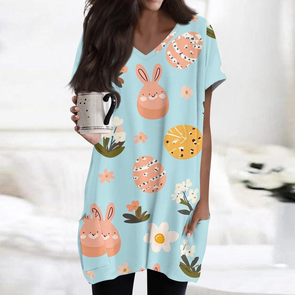 Womens Tops V-neck Short Sleeve Blouses Casual Mid-length Shirts Fashion Print Tunic Tops With Pockets
