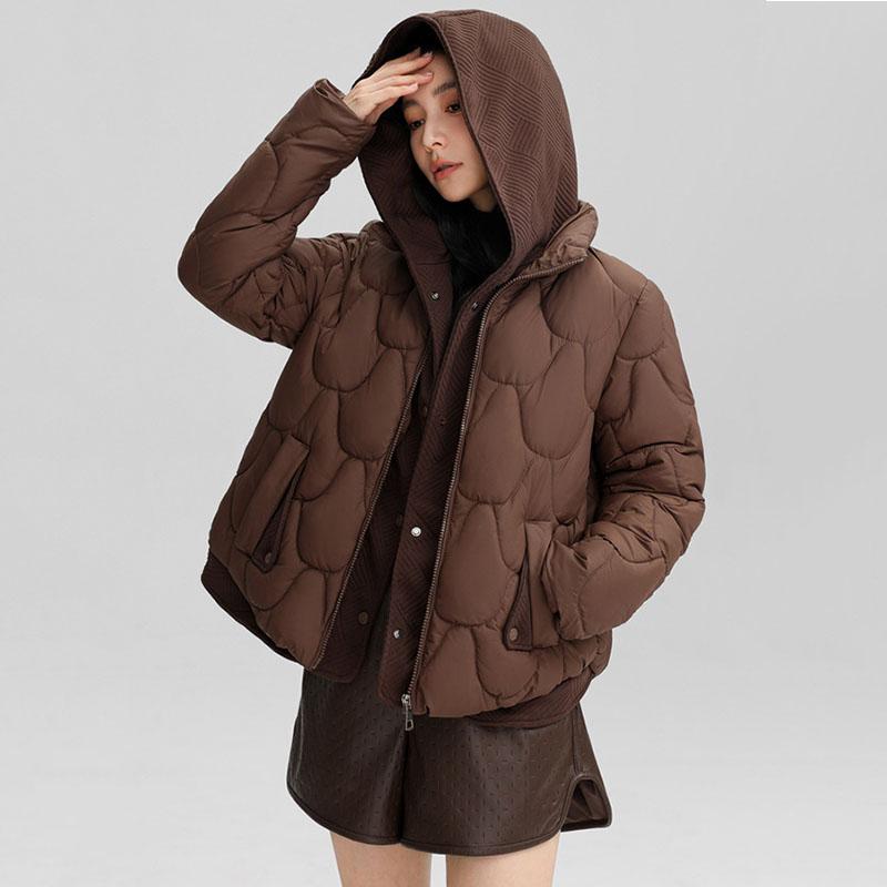 Veste d'hiver tendance ample en coton rembourrée de duvet pour femme à capuche confortable fausse deux pièces manteau bouffant élégant polyvalent vêtement d'extérieur