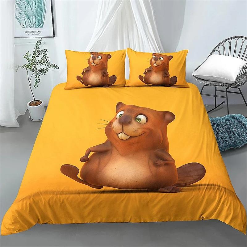 Cartoon Beaver Duvet Cover King Queen Funny Lovely Animal Bedding Collection Kids Girls Wildlife Polyester Comforter Cover Pillowcase