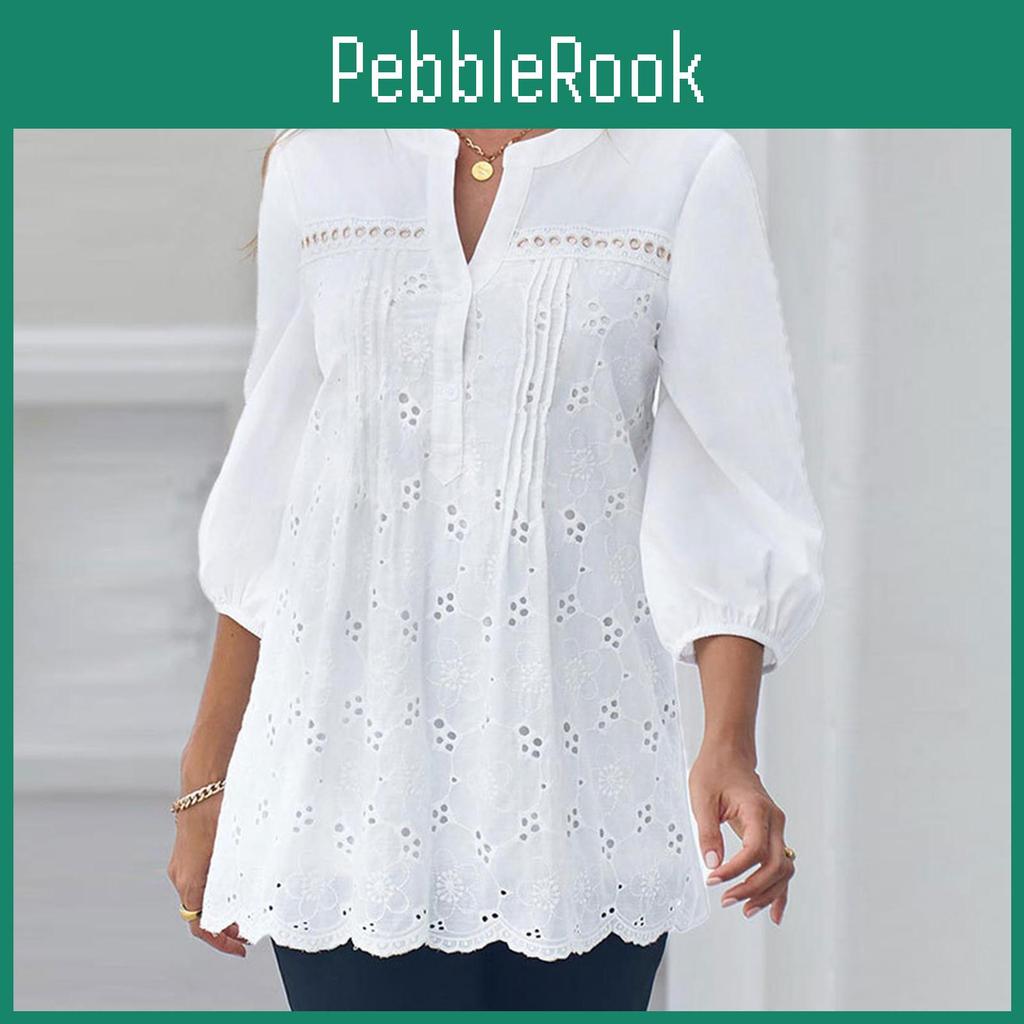 Sleeve Summer Blouses Womens 34 Casual Loose Fit Solid Color V Neck Tops Ladies Length Sleeve Tshirts