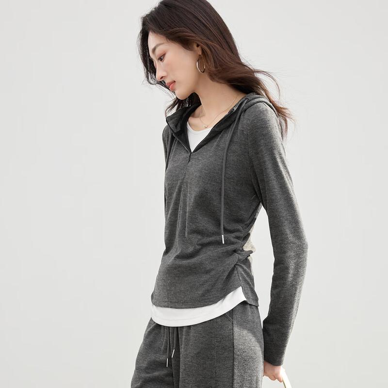 Handu Yishe Women's Hooded Faux Two-Piece Slimming Sweatshirt
