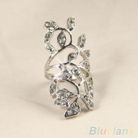 Women's Fashion Shiny Rhinestone Hollow Leaf Joint Armor Knuckle Ring Jewelry