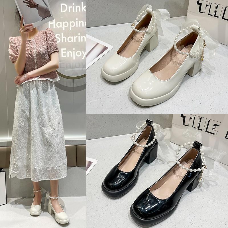 White Pearl Thick Heel Mary Jane Single Shoes Women's Waterproof Table 2025 Summer New French Retro with Skirt High Heels