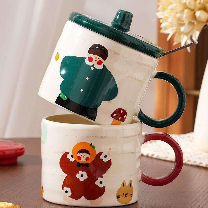 A Family of Cute Ceramic Cups  High Value  Large Capacity  High Temperature Resistance  Mugs Lid Spoon  Water Cups Household Use Set
