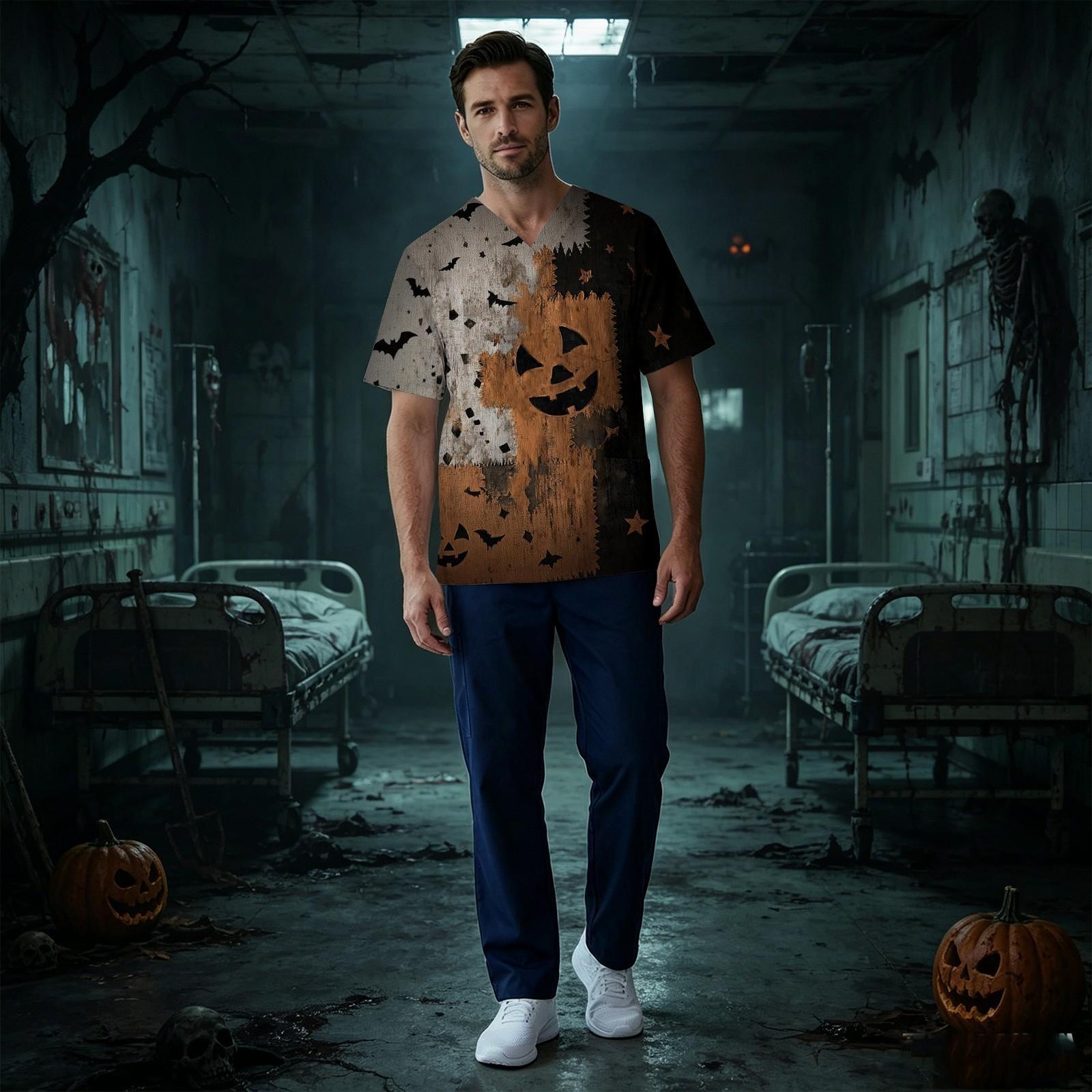 Men s V-Neck Short Sleeve Scrub Top with Halloween Print and Chest Pocket XL