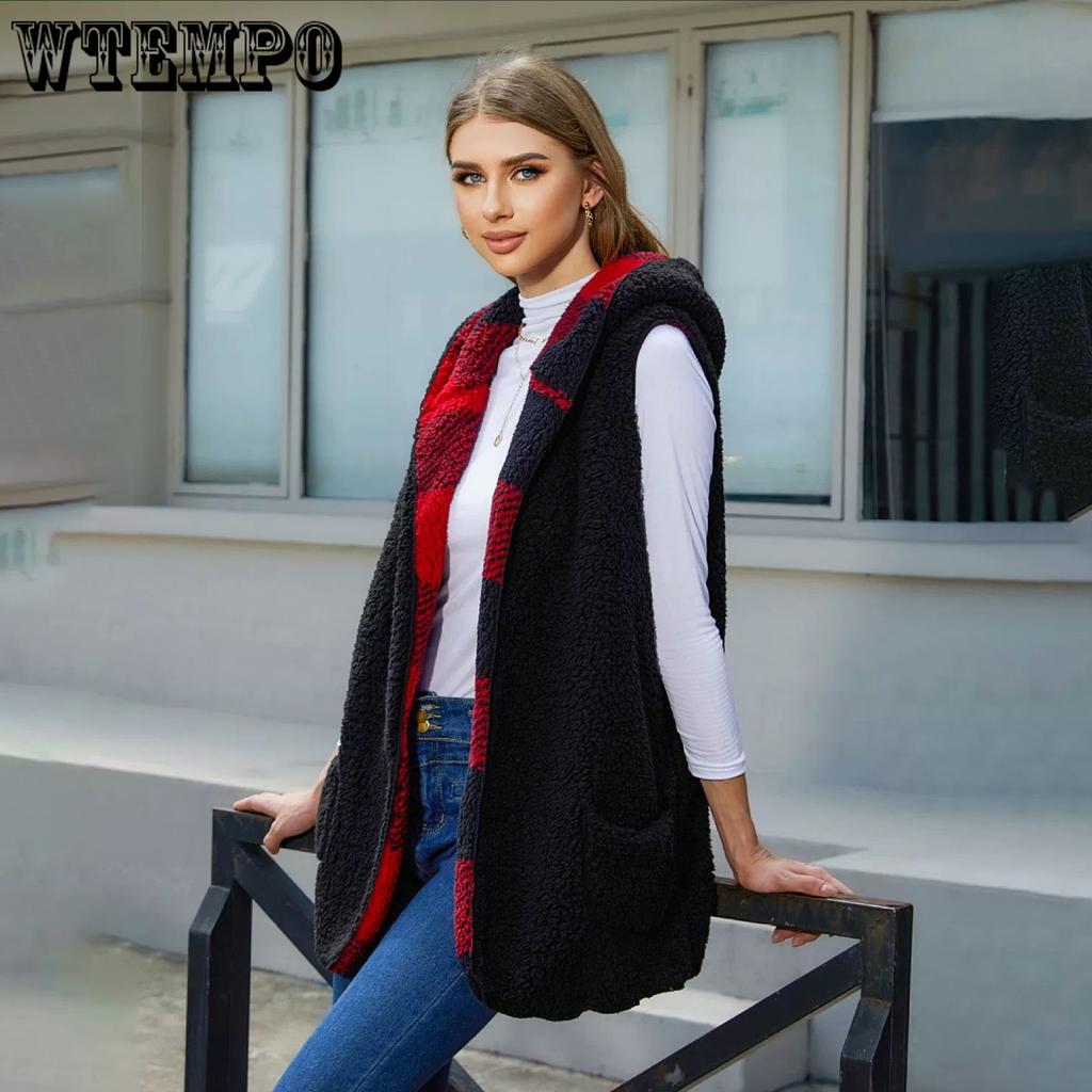 Autumn and Winter Women's Loose Fashionable Medium-length Hooded Buttonless Cardigan Plaid Plush Vest Jacket Women