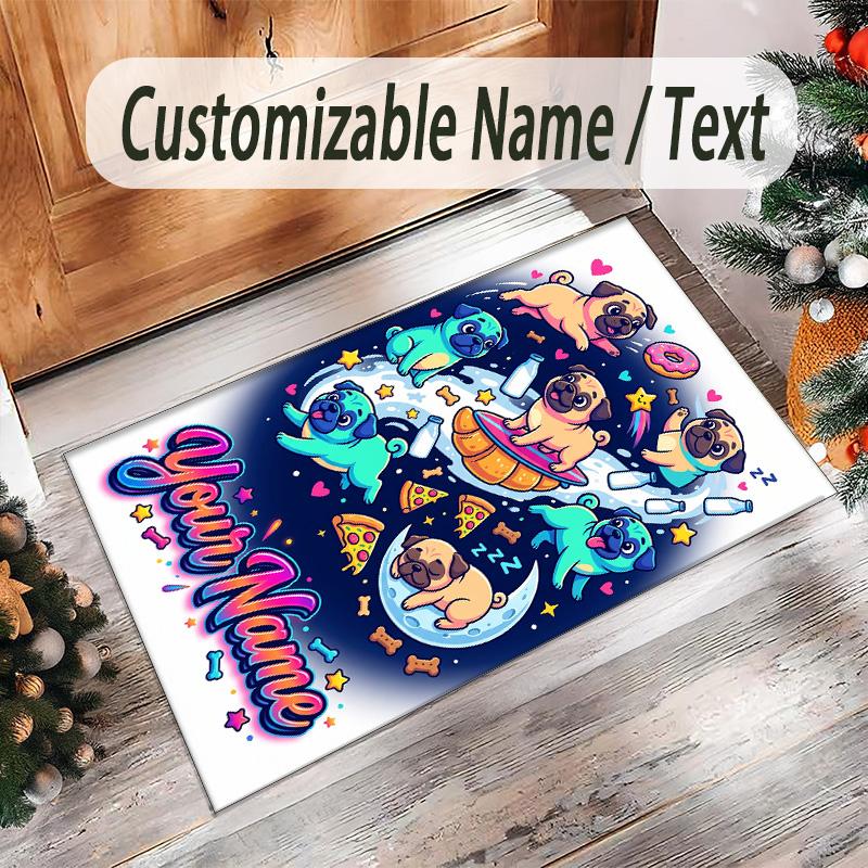 Pug Theme Crystal Velvet Floor Rug Personalized Custom Name Text Warm Carpet Home Decoration