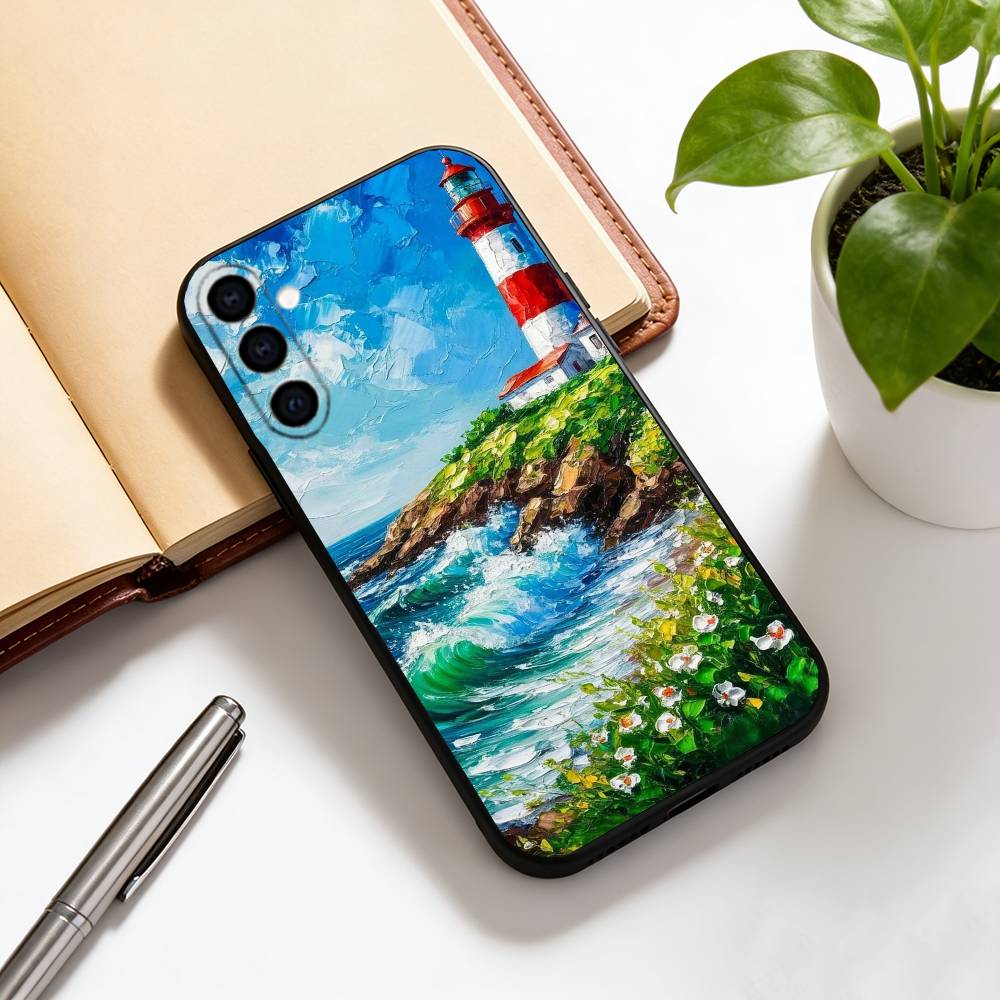 Art oil painting of a lighthous Phone Case Black Silicone Soft For Samsung Galaxy A73,A72,A71,A70,A53,A52,A51