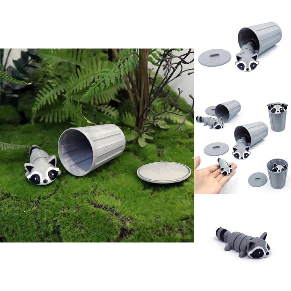 Raccoon 3d Printed Figurine With Trash Bin For Modern Home Decor Gifts Toys