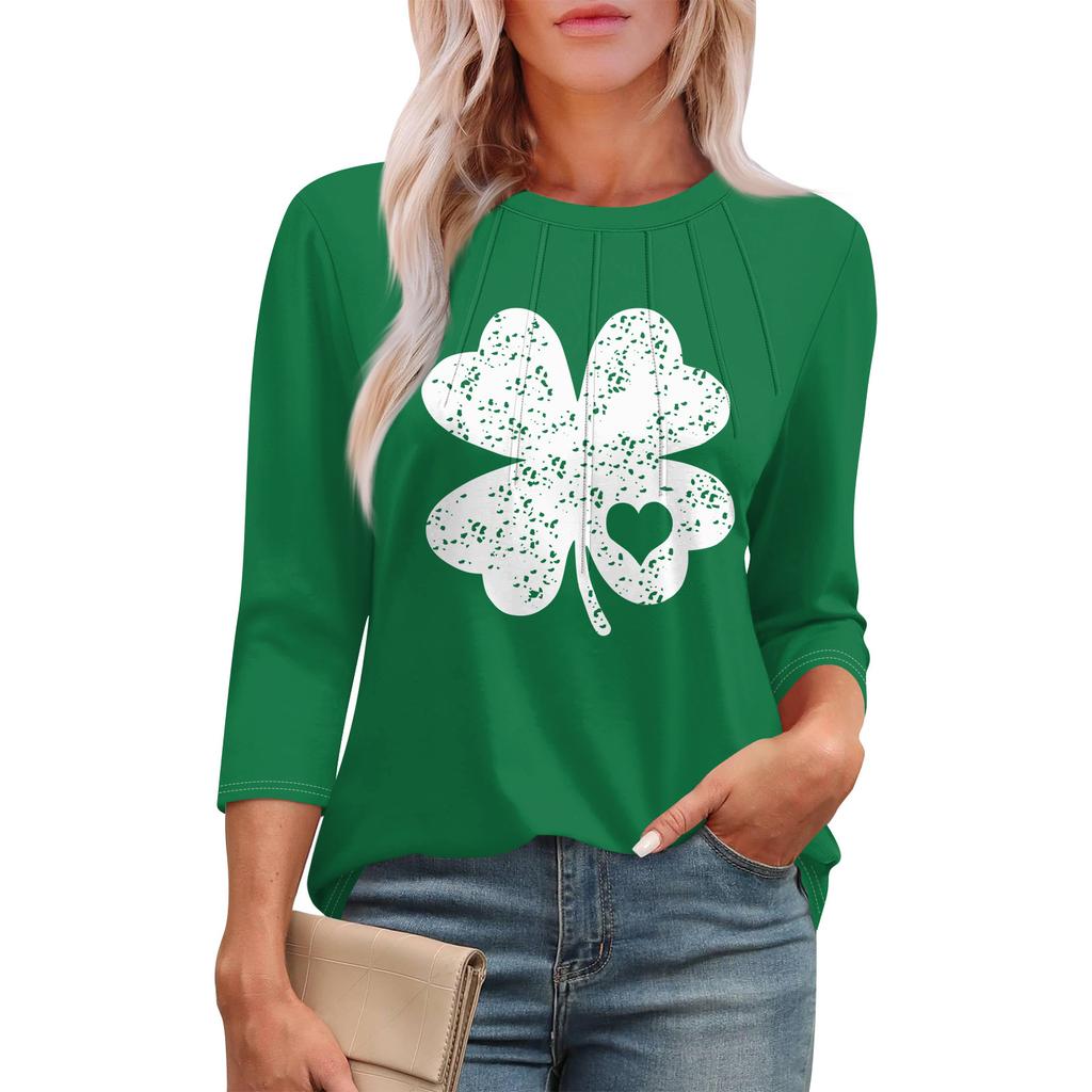 3/4 Langarm Damenoberteile Lässiges Tunika-Top Basic Plissiertes Hemd Locker St. Patrick Print Top
