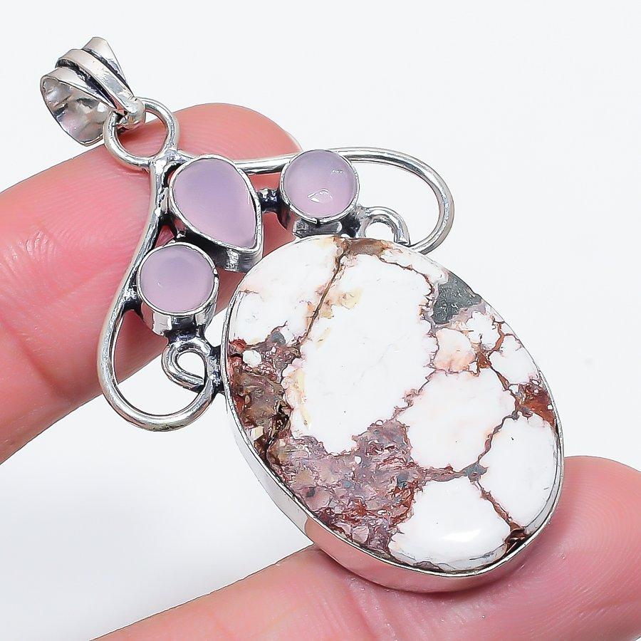 Natural Wild Horse, Chalcedony 925 Sterling Silver Jewelry Pendant 2.36" t2H21