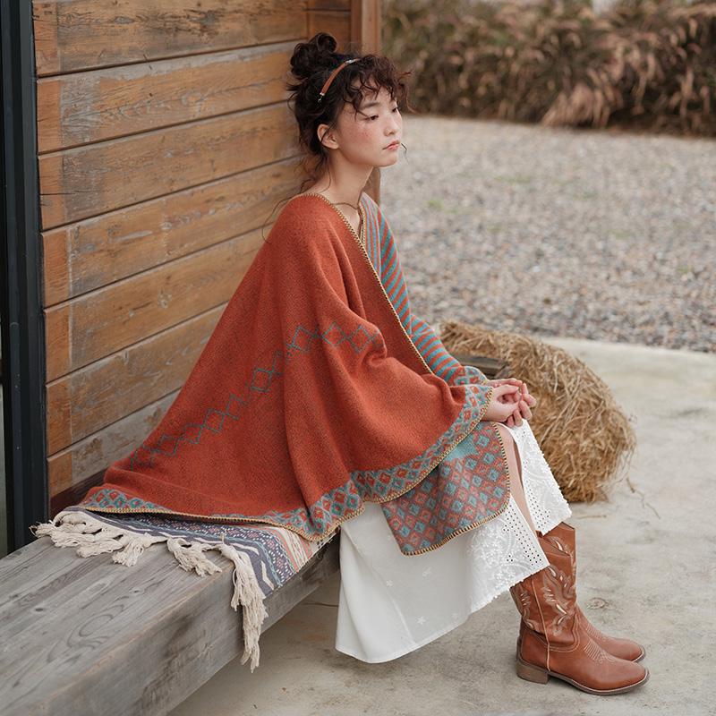 Ethnic Style Imitation Cashmere Shawl: Versatile Travel-Friendly Warm Cloak, Scarf, Resort Cape Outerwear.
