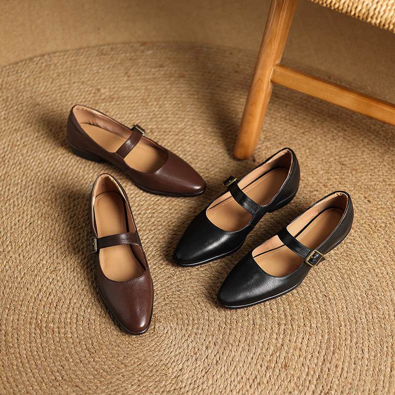Krazing Pot Sheepskin Autumn Winter Shoes Buckle Straps Low Heels Mary Janes Size 40 Round Toe Brown Color Pumps