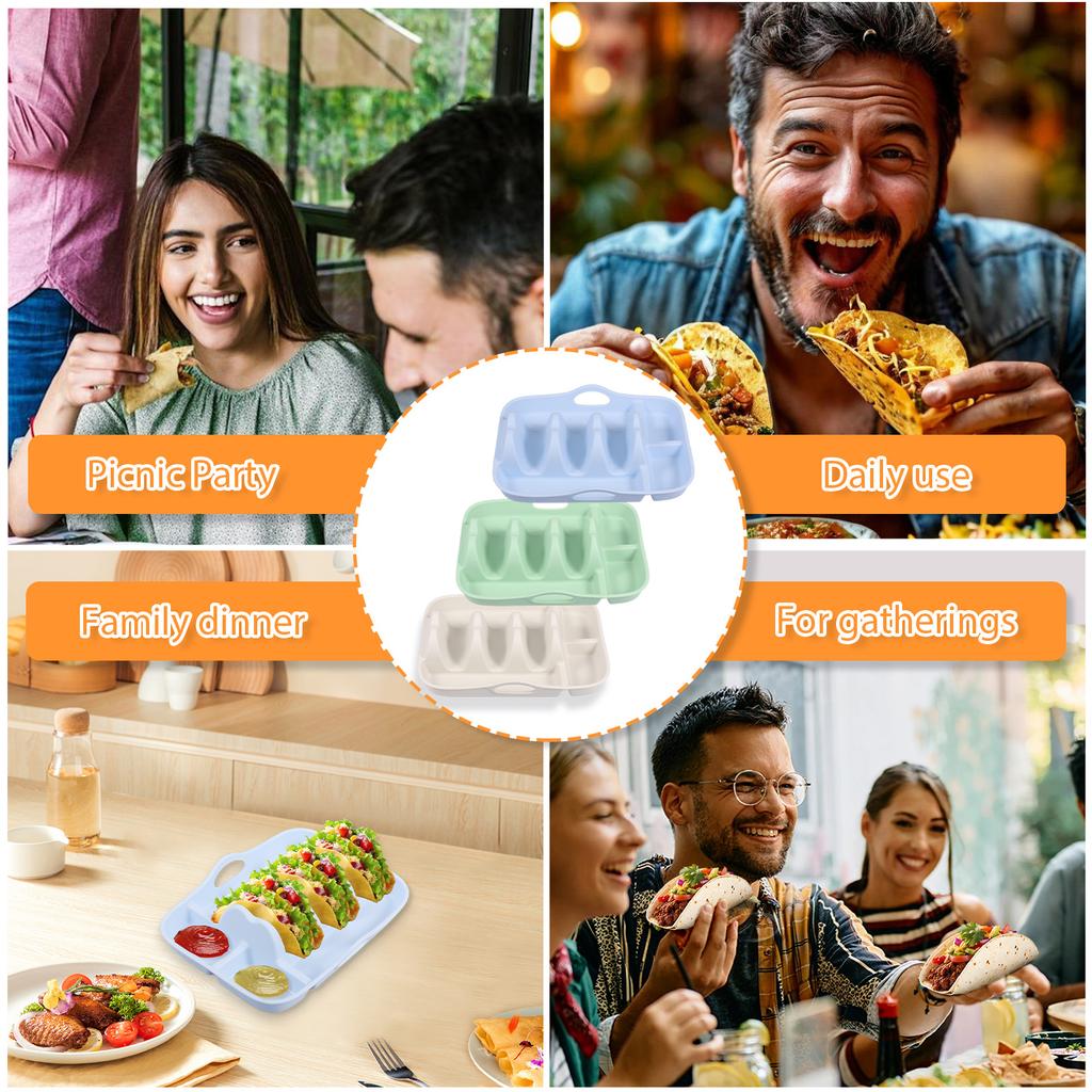 3Pcs Silicone Taco Holder Set Reusable Taco Serving Plate with Divider & Dip Bowl Non-slip Taco Tray for Gathering Party Dinner