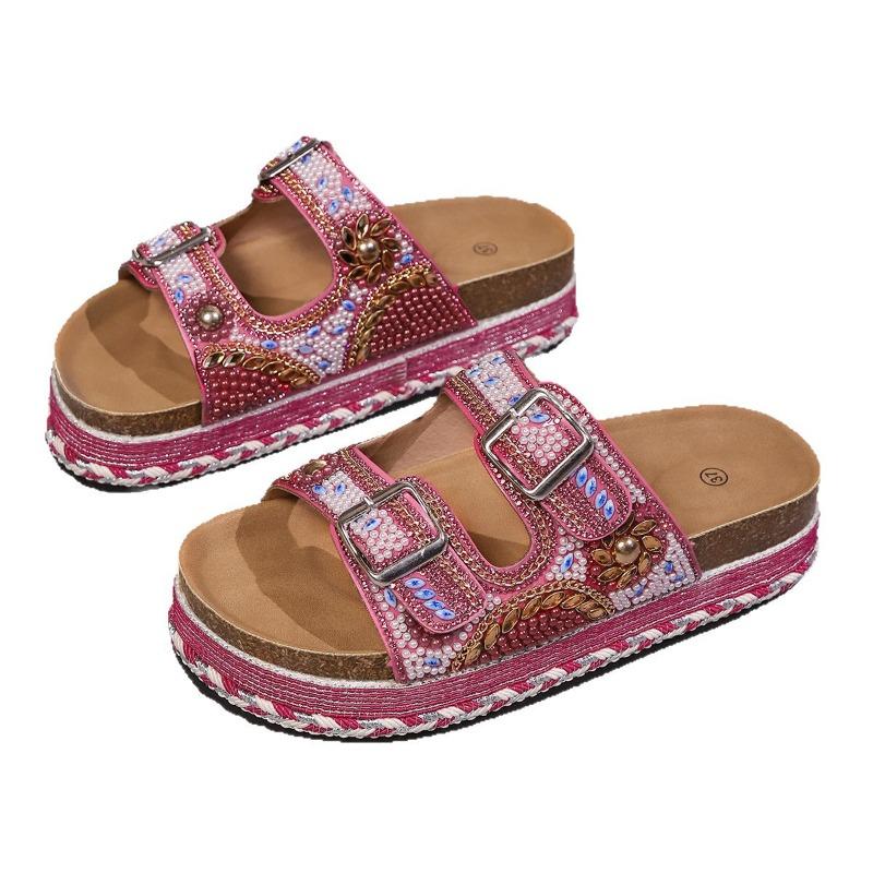 Women's Plus Size Summer Platform Chunky Sole Color Block Rhinestone Double Buckle Cork One Strap Slide Sandals