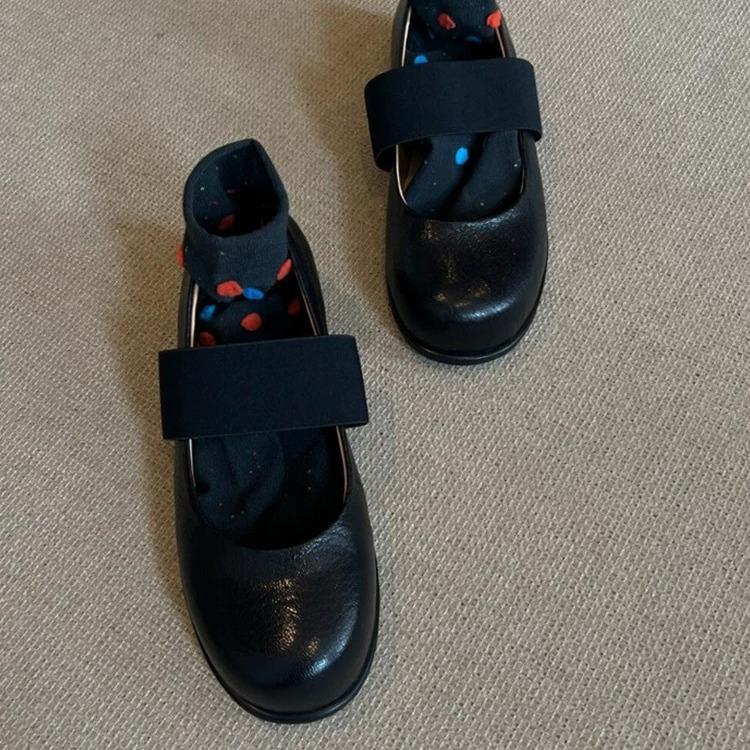Leather Korean Version Elastic One-word Strap Mary Jane Single Shoes Women's 2025 New Autumn Round Head Shallow Mouth Flat-soled Small Leather Shoes