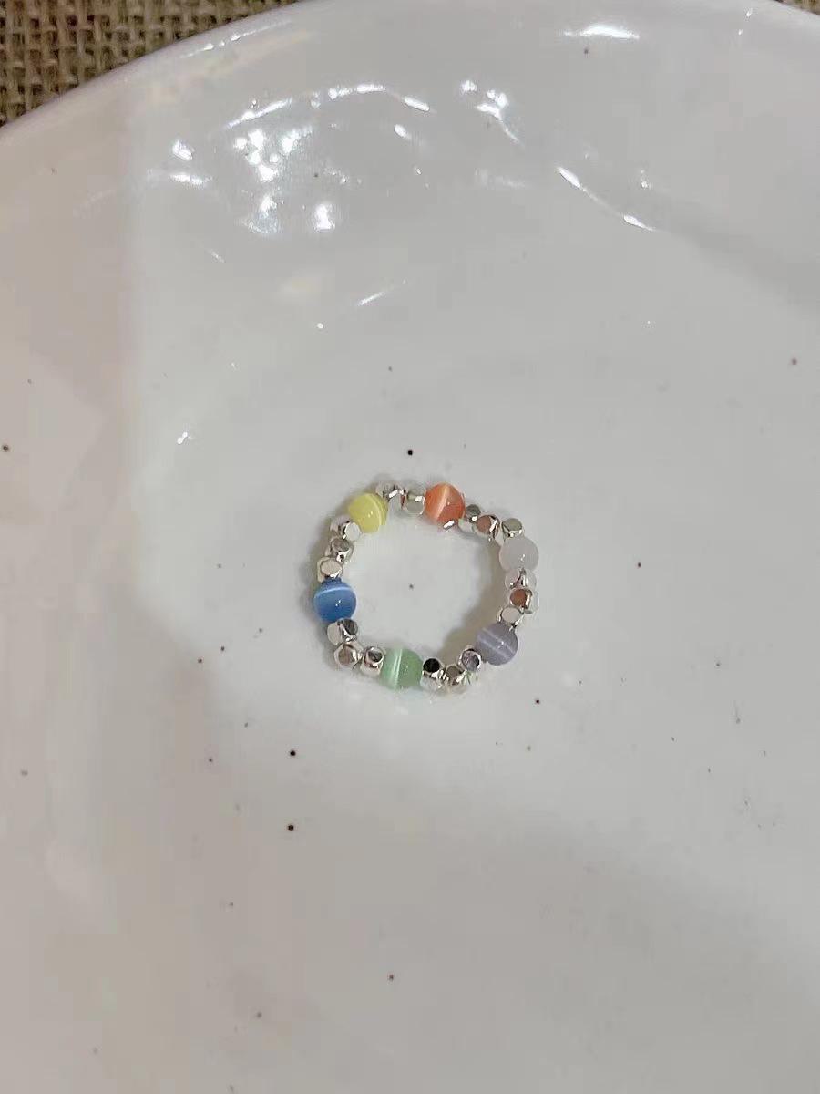 

Элегантное эластичное кольцо из сломанного серебра с кошачьим глазом - корейский нишевый дизайн для женщин Round beaded ring серебряный