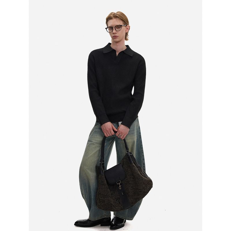 Blaexit Retro Vintage Money-Style Waffle Knit Henry Collar Long-Sleeve Base Shirt for Men with Textured Polo Shirt Feel