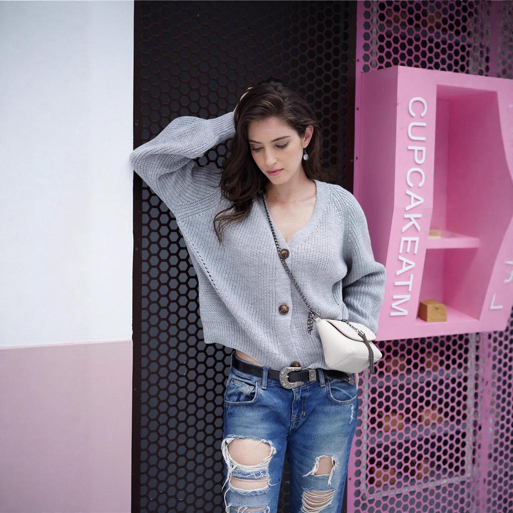 Winter single-breasted solid color knitted women's European and American knitted cardigan loose sweater women