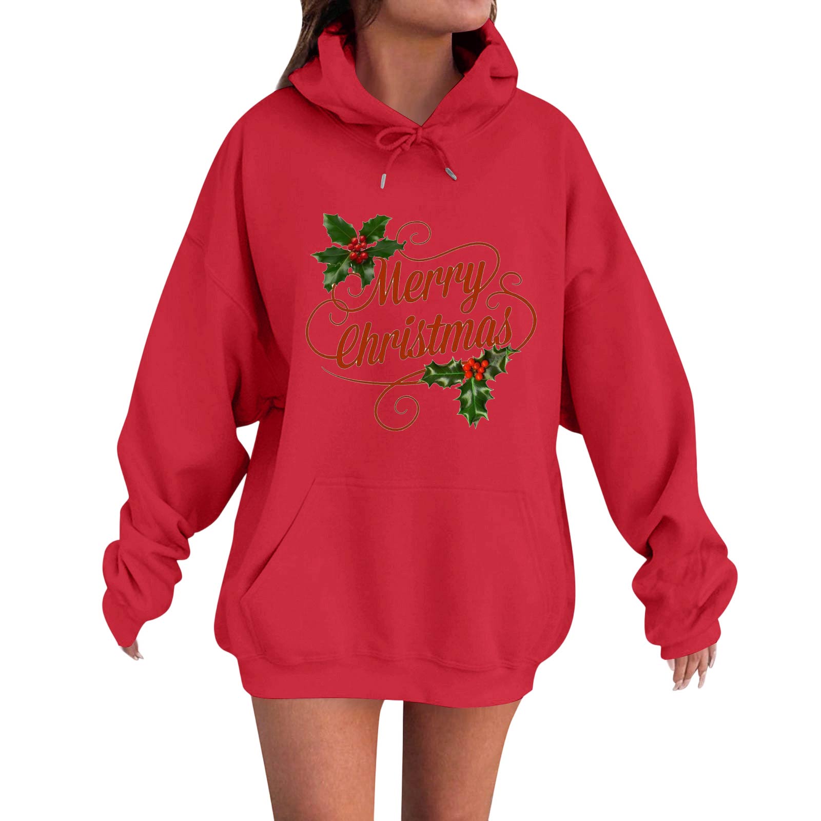 

Женская модная повседневная толстовка с капюшоном и длинными рукавами свободного кроя с рождественским принтом M красный