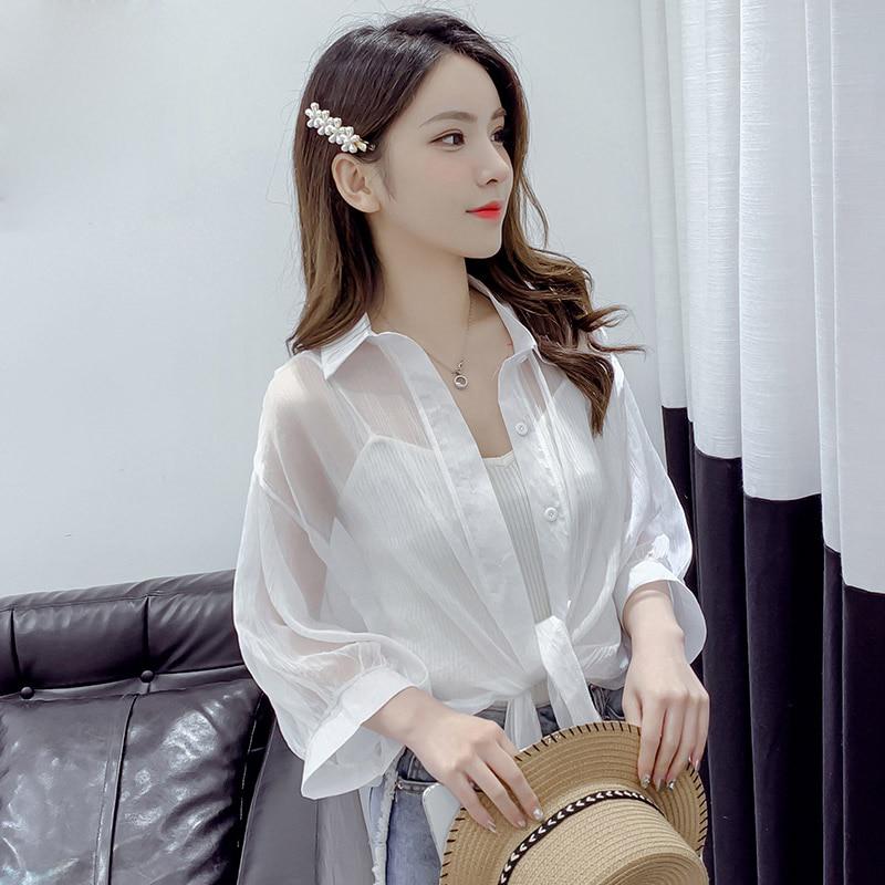 Summer Half Sleeve Buttoned Up Shirt Loose Casual Blouse Chiffon Shirts Women Tied Waist Elegant Blouses for Women