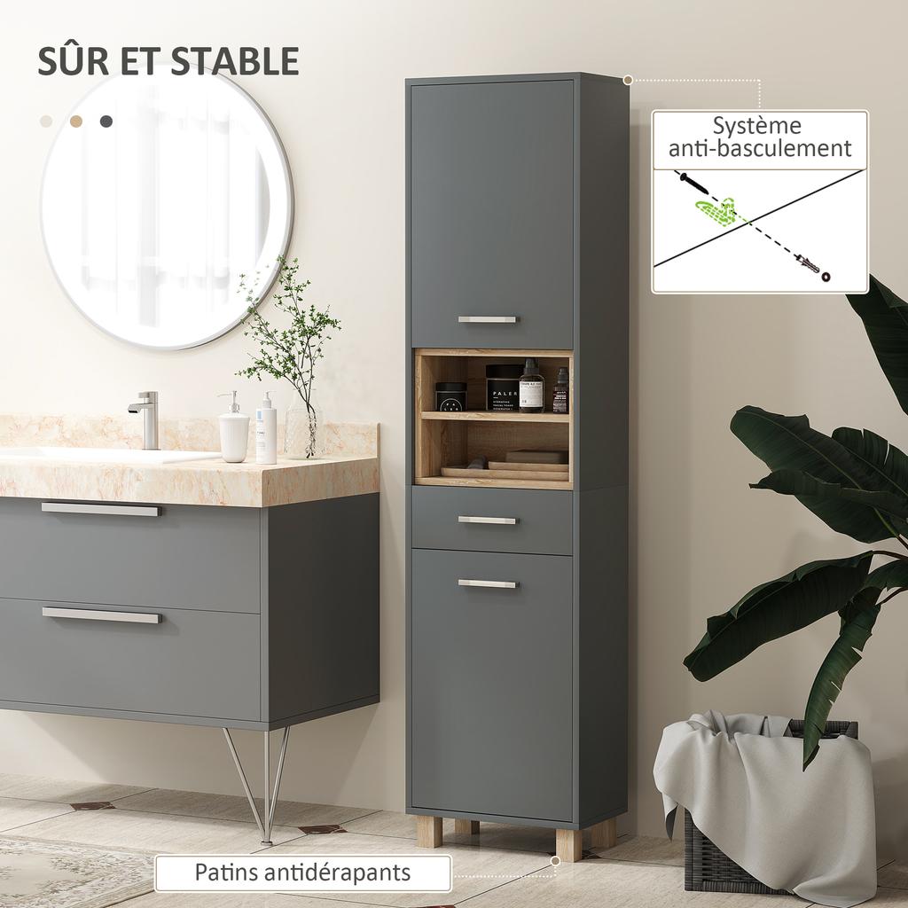 Bathroom Storage Cabinet with 2 Cupboards, Drawer, Open Compartments, Grey